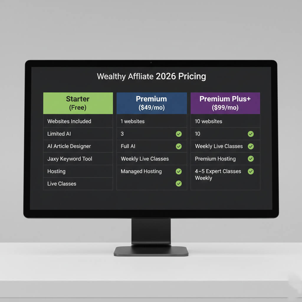 Comparison table of Wealthy Affiliate vs Authority Hacker and Savage Affiliates pricing and features.