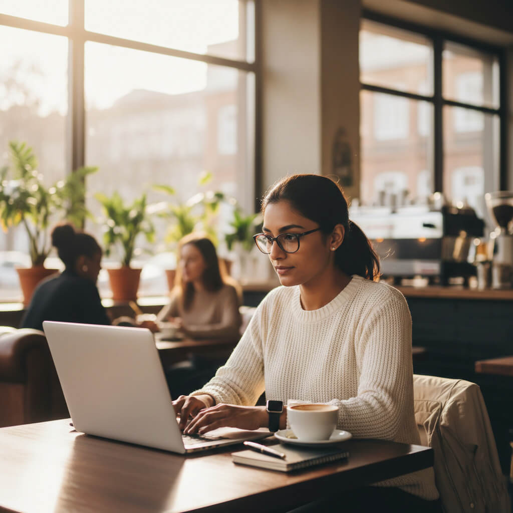 A freelance affiliate marketer working remotely on a laptop, symbolizing the goal of the Wealthy Affiliate training.