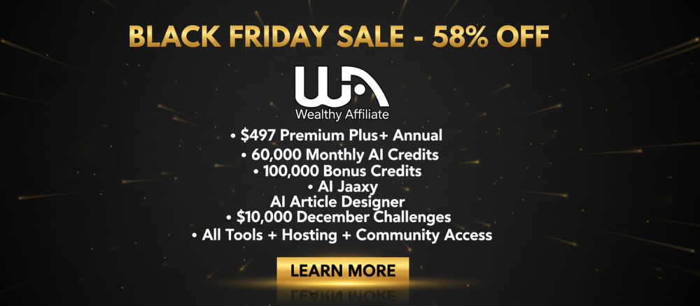 Black Friday Wealthy Affiliate logo and Premium Plus+ 58% discount offer