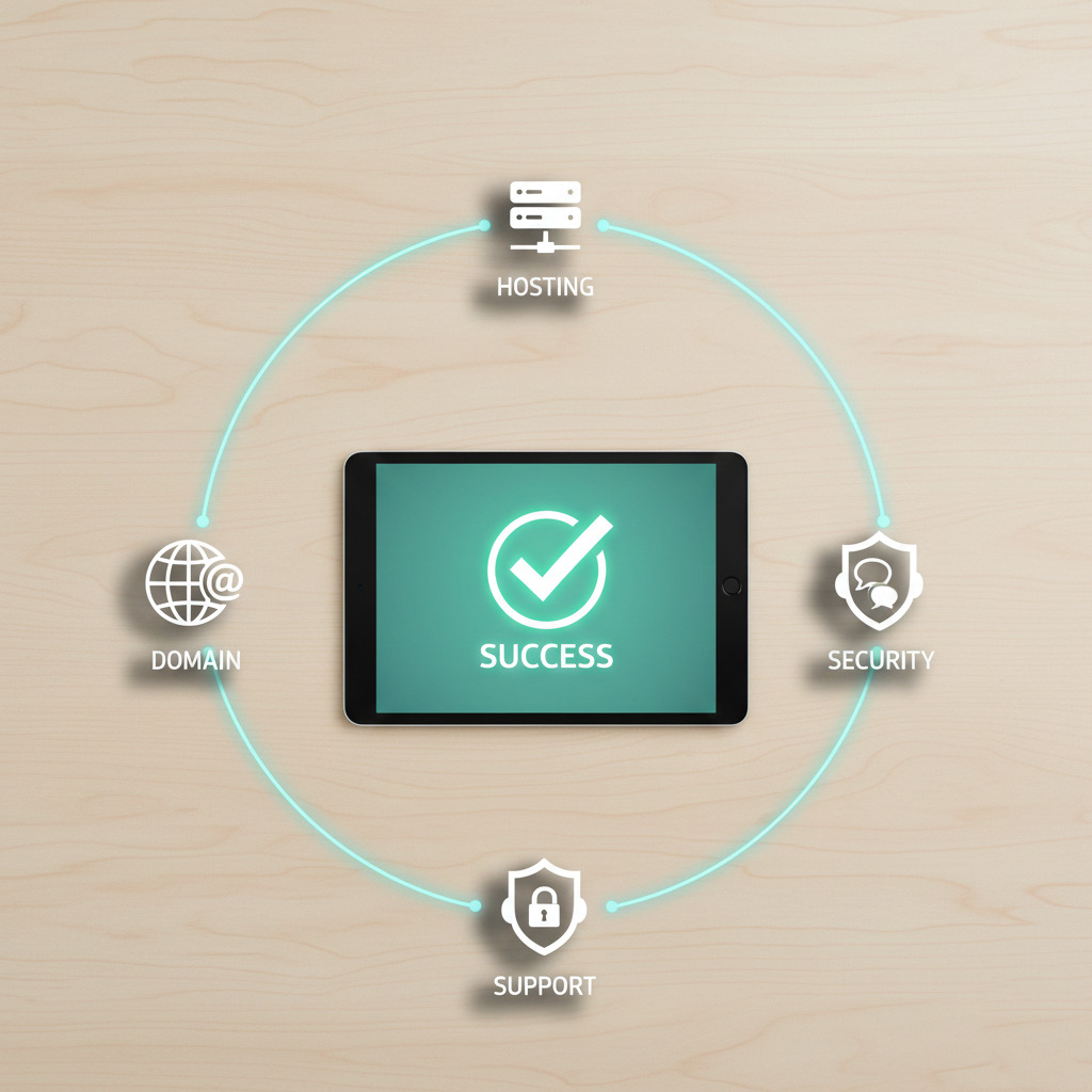A high-quality photo of a smartphone on a desk displaying a 'Transfer Complete' checkmark notification for a domain move.